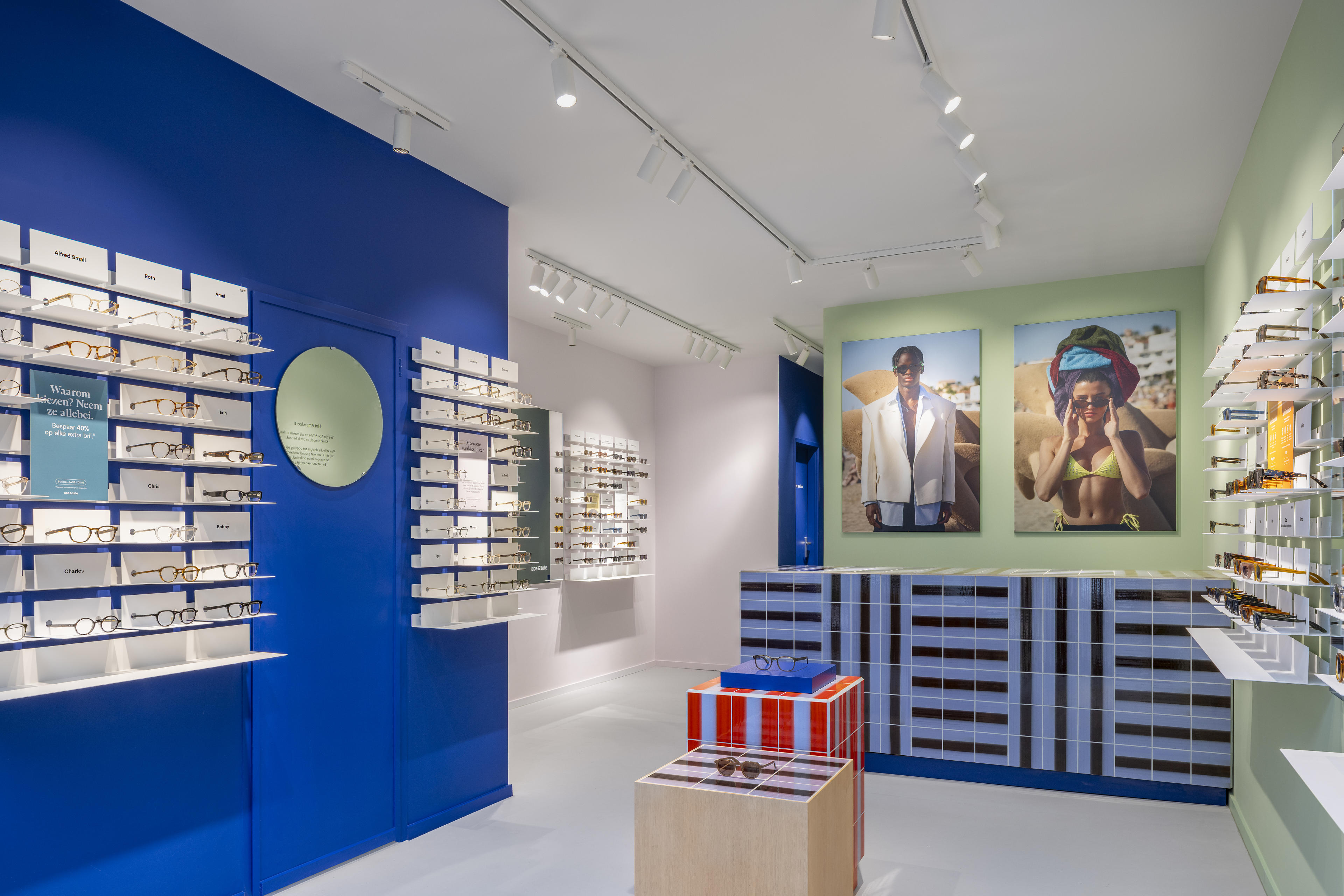 Showing interior of Ace & Tate Krommestraat store in, Nederland, Amersfoort, Stadskern
